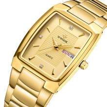 WWOOR High Quality Minimalist Square Waterproof Quartz Watch Stainless Steel Gold Watches Men Wrist Clock with Week Calendar